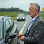 Homme en costume gris sur la route française avec permis