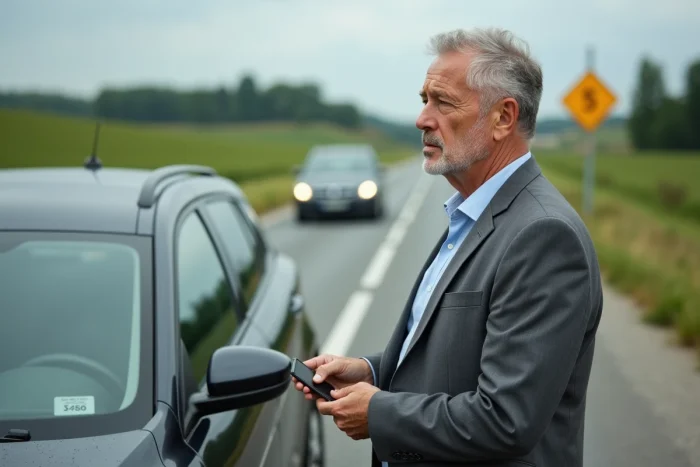 Homme en costume gris sur la route française avec permis