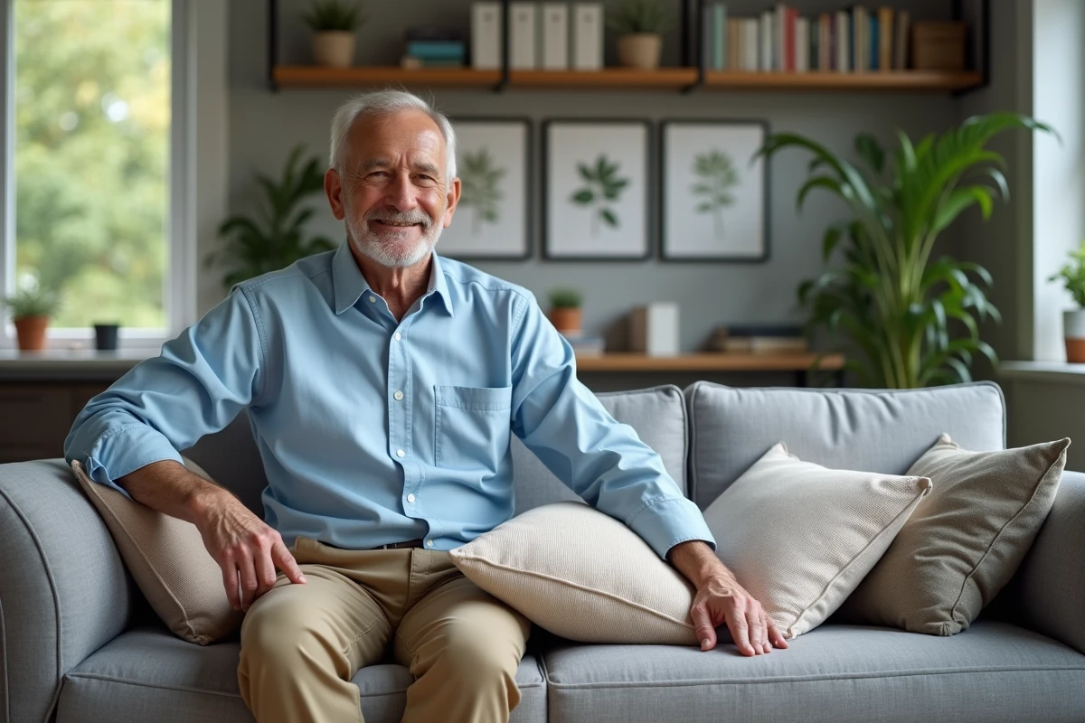 Homme âgé repositionnant des coussins sur un canapé moderne