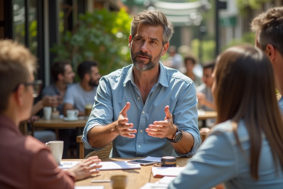 Homme en discussion dans un café animé en extérieur