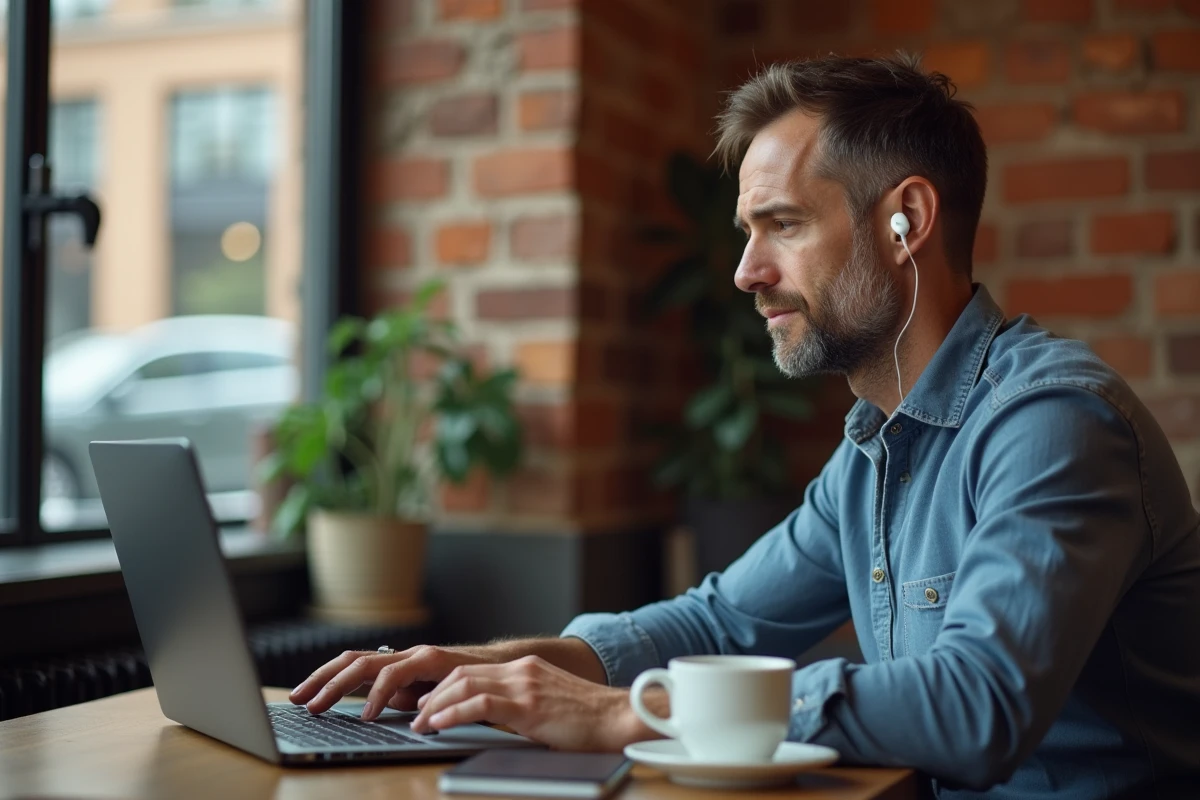 Homem editando um audiobook em um café moderno