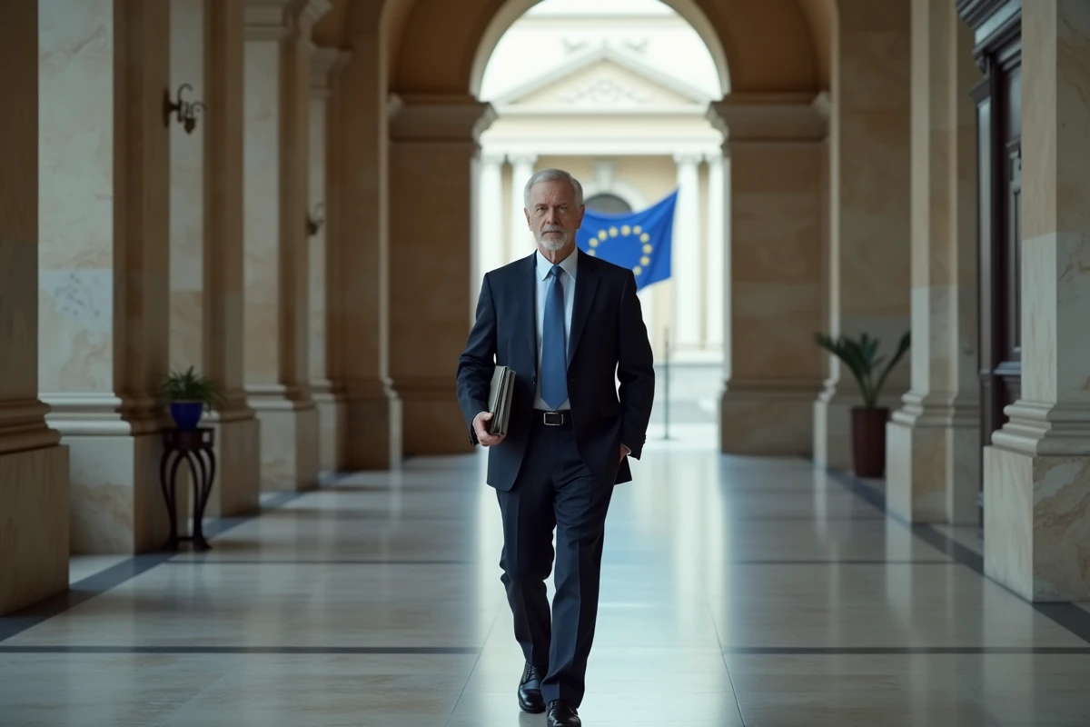 Homme européen en costume dans un grand hall de marbre