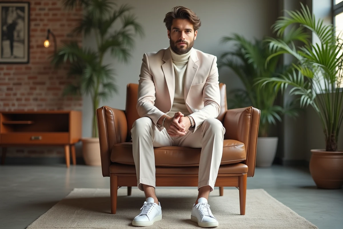Homme en costume pastel dans un loft moderne avec plantes et art