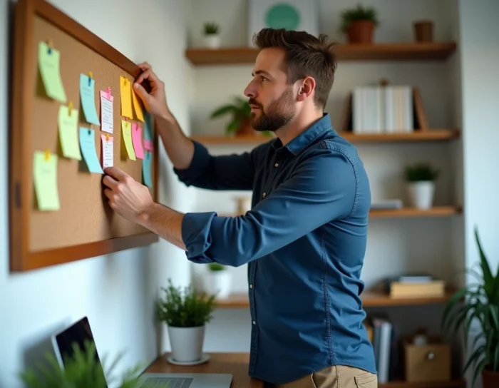 Homme organisant des notes sur un tableau en liège dans un bureau à domicile bien rangé, symbolisant la productivité et les conseils pratiques du quotidien