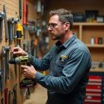 Homme en vêtements de travail choisissant une perceuse dans un atelier organisé