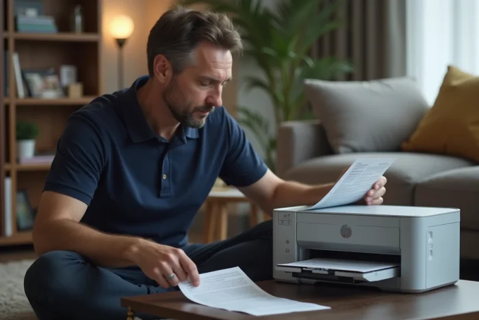 Uomo che consulta un manuale per sostituire la cartuccia d'inchiostro della sua stampante HP Deskjet 2710 posata su un tavolino in un soggiorno moderno