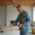 Homme d age mesurant une planche en bois dans une pièce en rénovation