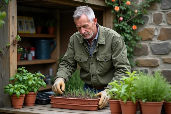 Homme arrangeant des semis et des herbes aromatiques sur un établi en bois devant un abri de jardin en pierre