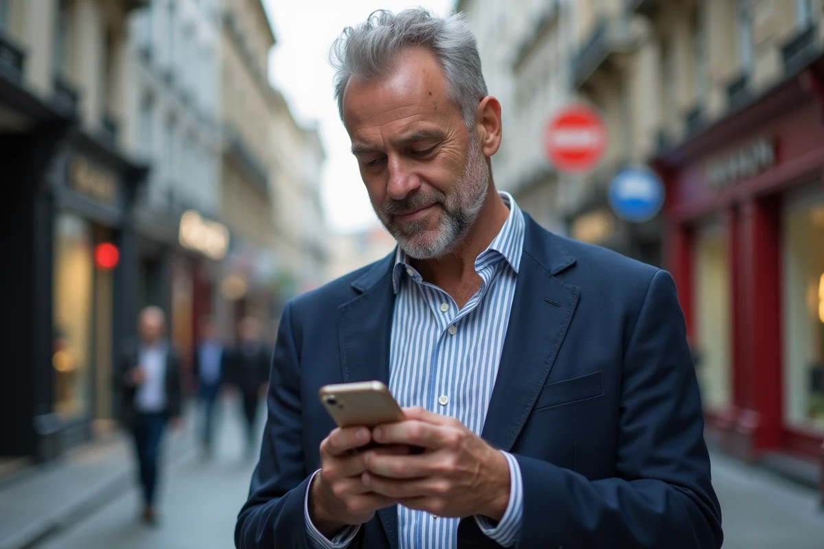 Homme d age moyen regardant son smartphone dans une rue animée