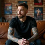 Homme avec tatouages assis dans un salon cosy et moderne