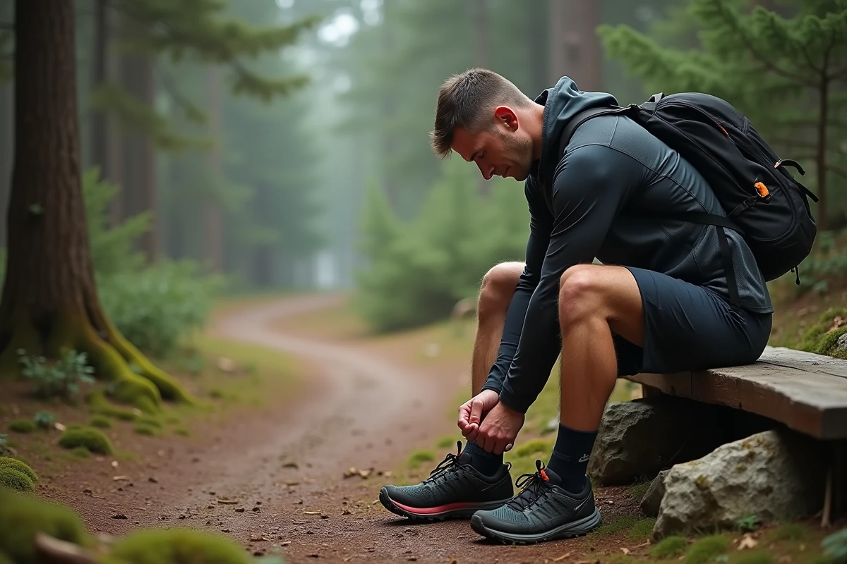 Homme attachant ses chaussures de trail dans la forêt