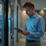 Homme d'affaires vérifiant une machine de vending moderne
