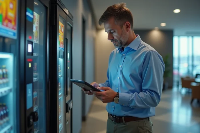 Homme d'affaires vérifiant une machine de vending moderne