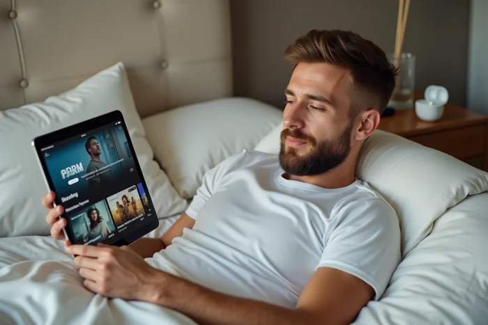 Homme regardant un catalogue VOD sur tablette dans une chambre contemporaine