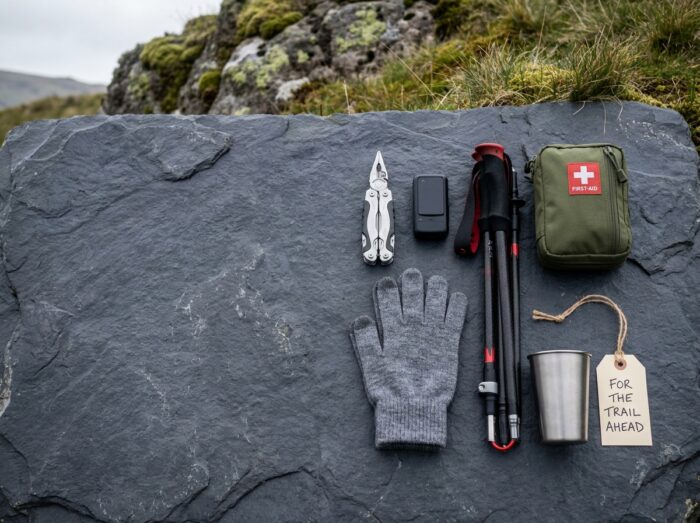 Flat lay de cadeaux idéaux pour randonneur : multi-outil, GPS tracker, bâtons de trekking, trousse de secours et gants laine mérinos sur ardoise de montagne