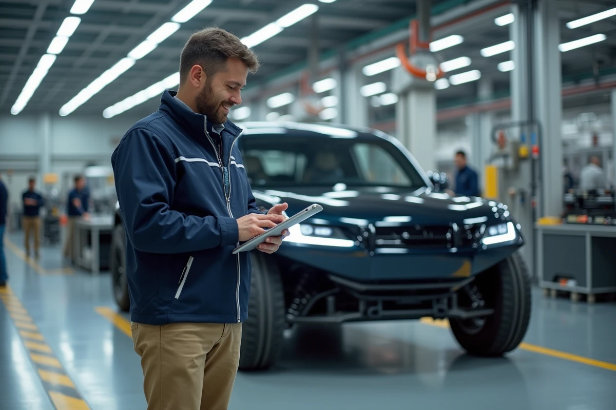 Ingénieur examinant un châssis de voiture électrique en atelier