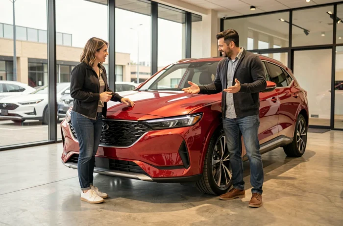 Deux ingénieurs en design automobile discutant devant un SUV concept dans un showroom contemporain aux murs vitrés