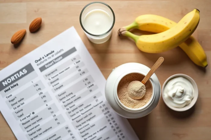 Vue de dessus des ingrédients d'un shake protéiné avec 50 g de protéines et tableau nutritionnel annoté