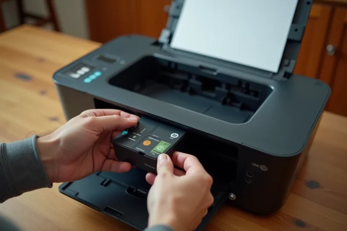 Primo piano di mani maschili che inseriscono una cartuccia d'inchiostro nera nel carrello di una stampante HP Deskjet 2710 posata su un tavolo di legno