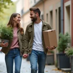 Jeune couple entrant dans un immeuble à Montreuil avec plante