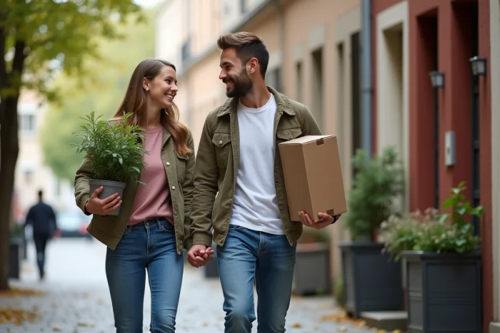 Jeune couple entrant dans un immeuble à Montreuil avec plante