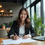 Jeune femme en tenue professionnelle souriante au bureau