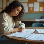 Jeune femme remplissant des formulaires de logement dans un centre communautaire