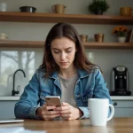 Jeune femme concentrée sur son smartphone à la maison