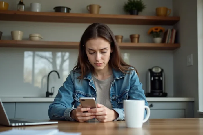 Jeune femme concentrée sur son smartphone à la maison