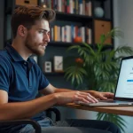 Jeune homme au bureau avec ordinateur et décor sportif