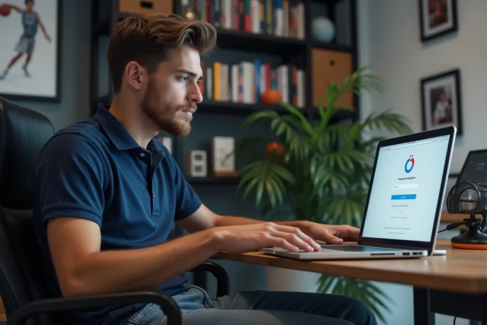 Jeune homme au bureau avec ordinateur et décor sportif