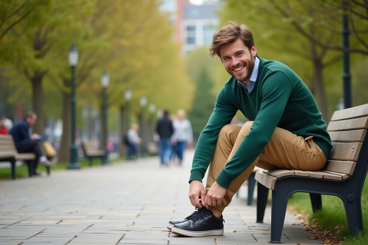 Jeune homme attachant ses chaussures dans un parc urbain