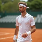 Jeune joueur de tennis en polo blanc sur terre battue