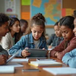 Jeunes divers en classe utilisant des tablettes pour apprendre