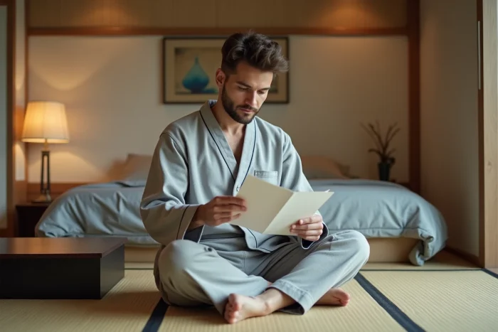 Touriste occidental portant un jinbei dans une chambre de ryokan japonais sur tatami