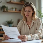 Locataire examinant des documents de gestion locative Foncia dans un appartement parisien moderne