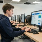 Lycéen connecté à CPro STI sur un ordinateur dans une salle informatique de lycée français