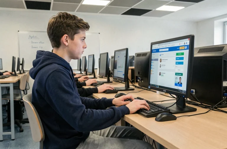 Lycéen connecté à CPro STI sur un ordinateur dans une salle informatique de lycée français