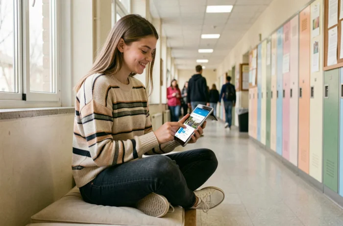 Lycéenne consultant la plateforme CPro STI sur une tablette dans un couloir de lycée