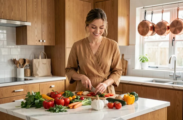 Mãe moderna preparando uma refeição saudável em uma cozinha familiar contemporânea com legumes frescos