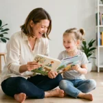 Maman moderne assise sur le sol avec sa fille, lisant un livre illustré dans un salon scandinave épuré