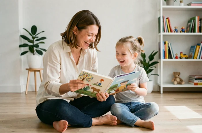Maman moderne assise sur le sol avec sa fille, lisant un livre illustré dans un salon scandinave épuré