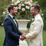 Deux hommes échangent leurs vœux lors d’un mariage en plein air