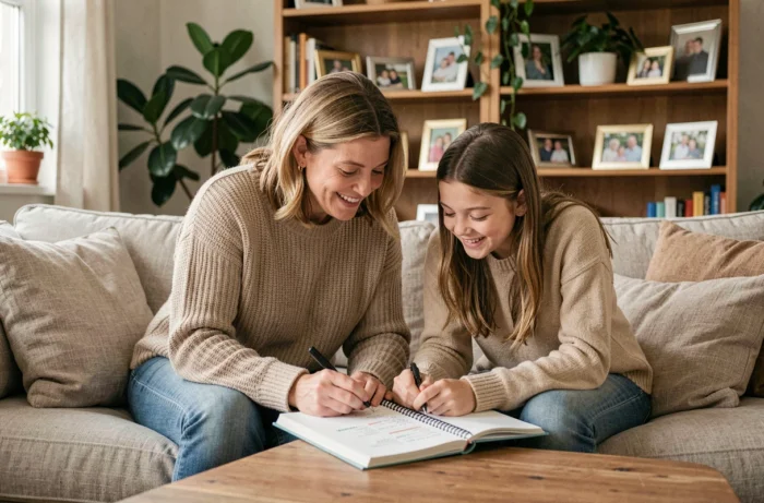 Mère et fille adolescente planifiant ensemble l'organisation familiale hebdomadaire dans un salon confortable et lumineux
