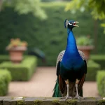Paon mâle en train de crier sur un muret de pierre dans un jardin botanique, plumage irisé bleu-vert détaillé