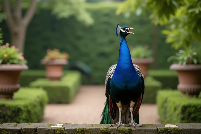 Paon mâle en train de crier sur un muret de pierre dans un jardin botanique, plumage irisé bleu-vert détaillé