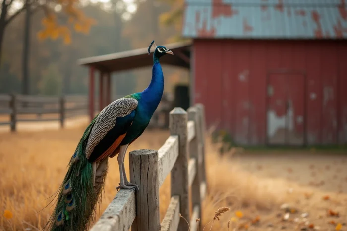 Paon perché sur une clôture en bois dans une ferme rustique, bec ouvert en pleine vocalisation à l'automne