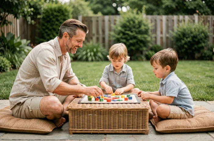Père jouant à un jeu de société avec ses enfants sur une terrasse de jardin verdoyante lors d'un après-midi en famille détendu