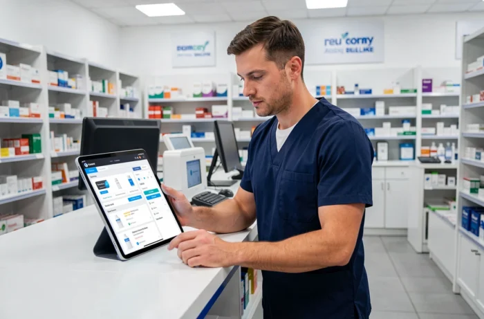 Pharmacien masculin consultant un portail professionnel de pharmacie en ligne sur une tablette derrière le comptoir d'officine