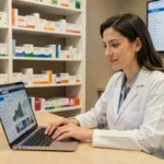 Pharmacienne professionnelle utilisant un espace en ligne dédié aux pharmacies sur son ordinateur portable dans un bureau pharmaceutique moderne